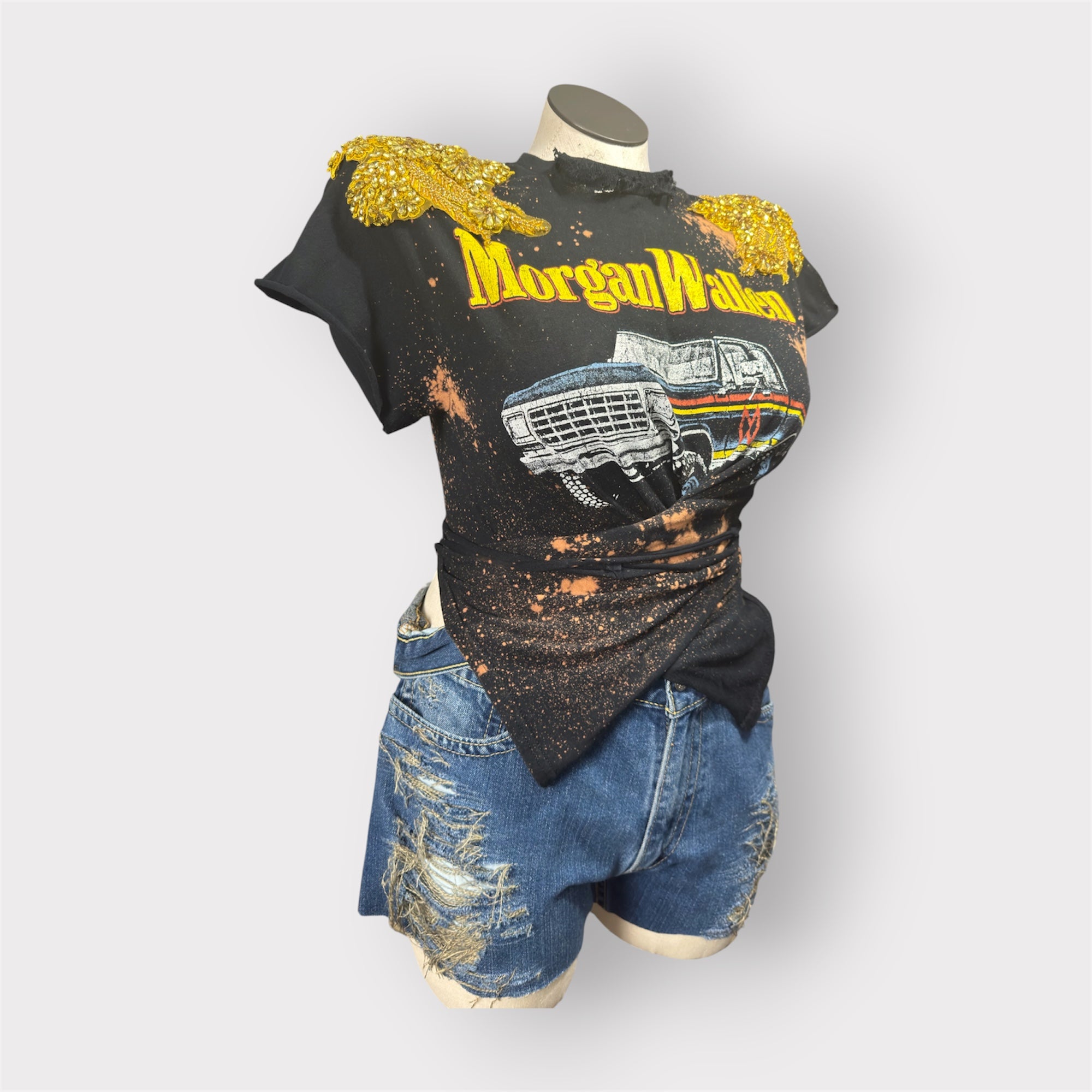 Crystal Couture Distressed Trucker Wrap Tee