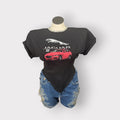 Padded Shoulder Corset Style Tee w Rhinestone Neckline