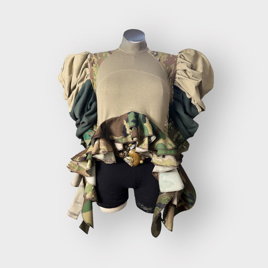 Multi Camo Puff Sleeve Peplum with Cascading Ruffles