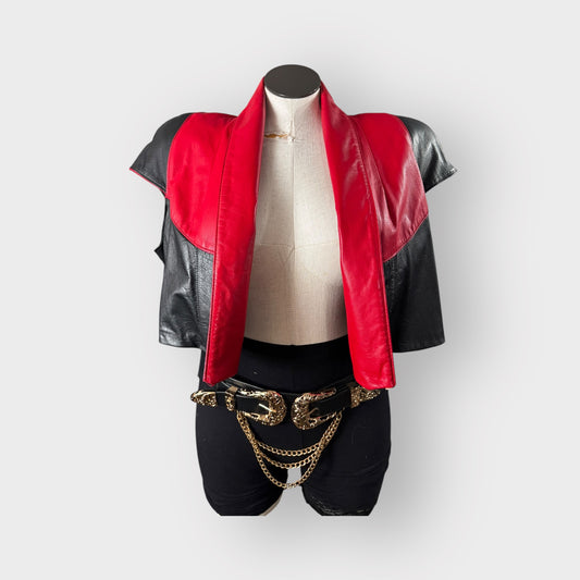 Color Block Power Shoulder Leather Crop Jacket