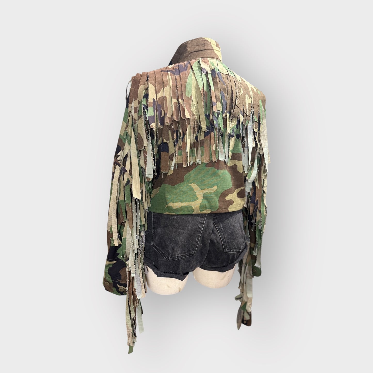 Cropped Fringe Camo Couture Jacket
