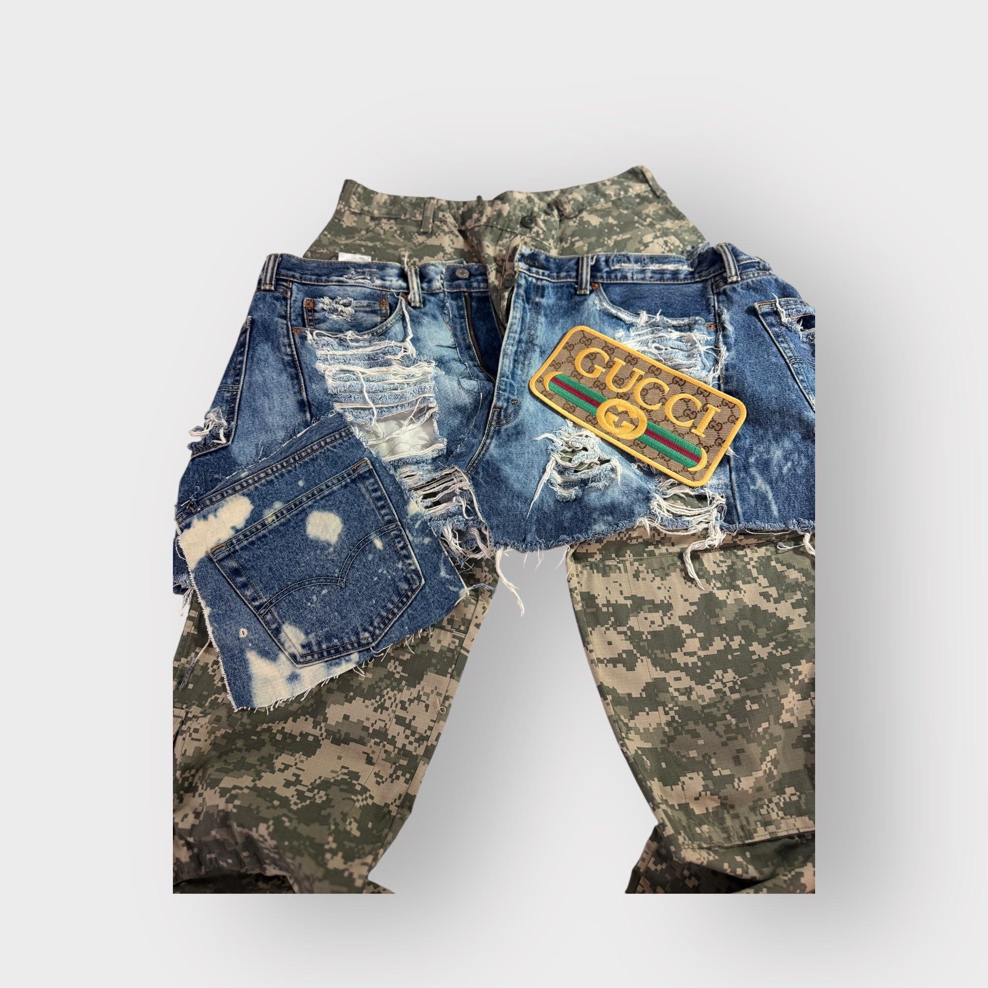 Distressed Denim n Digital Camo Cargos