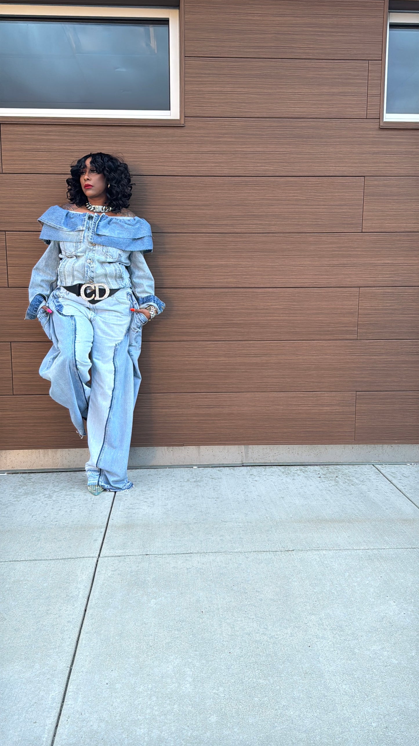 Double Denim Chap Style Wide Leg Jeans