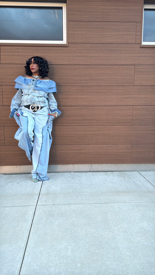 Double Denim Chap Style Wide Leg Jeans