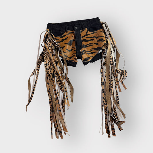 Cowgirl Couture Denim n Bangle Tiger Leather Fringe Shorts