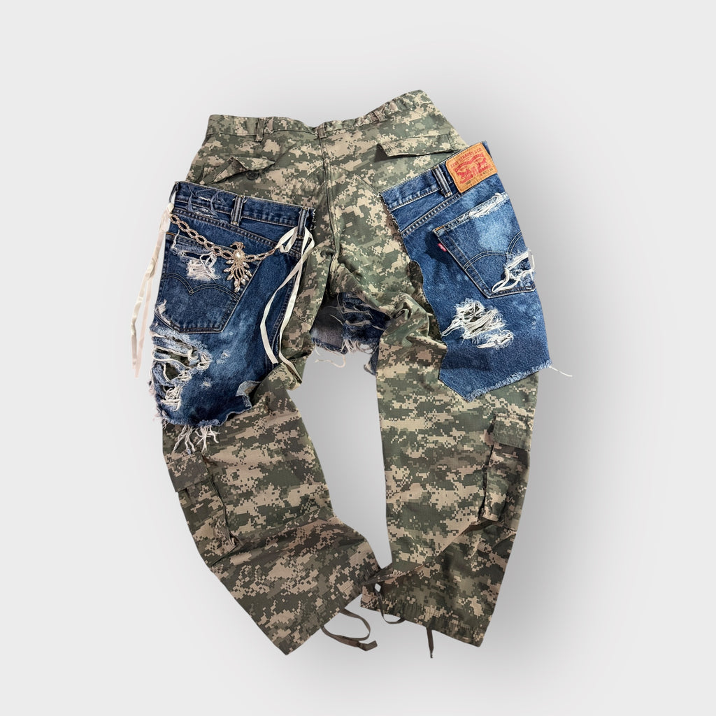 Distressed Denim n Digital Camo Cargos
