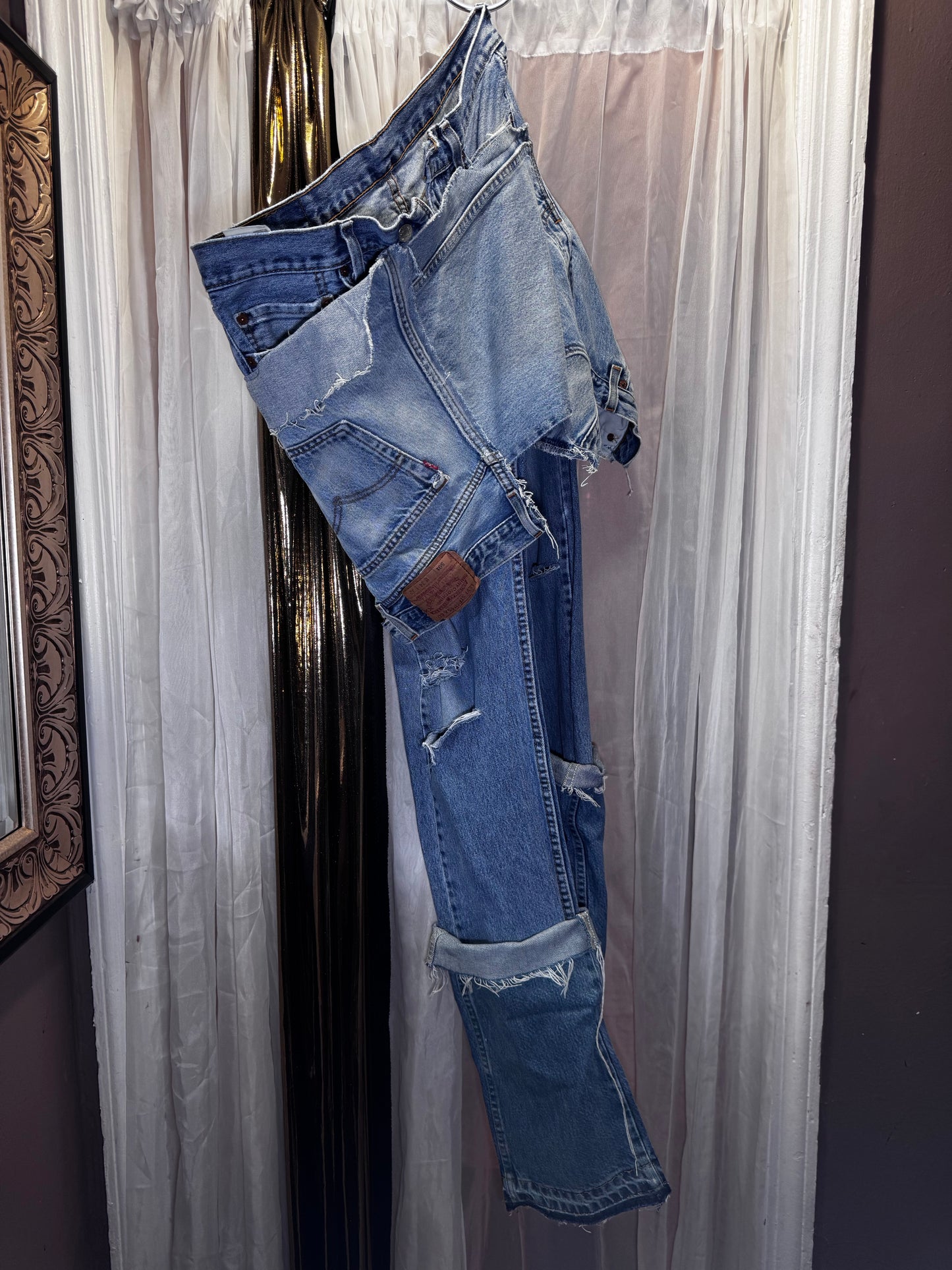 Distressed Denim Apron Style Overlay Jeans
