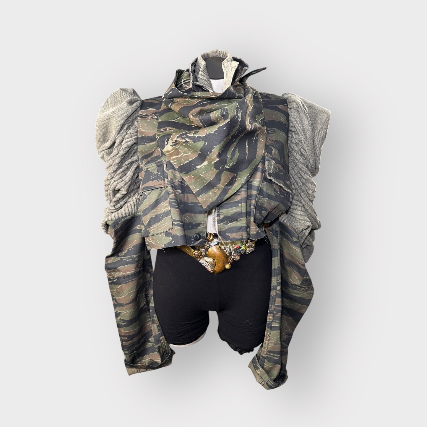 Tiger Stripped Cropped Camo Sweater Sleeve Shacket