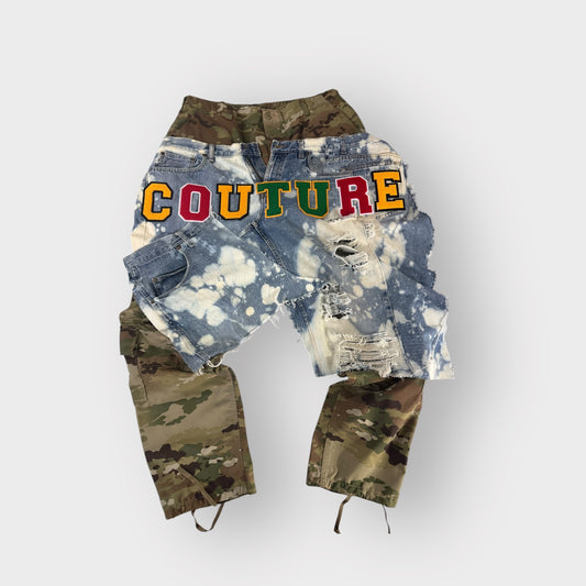 Distressed Denim Couture Overlay Camo Cargos