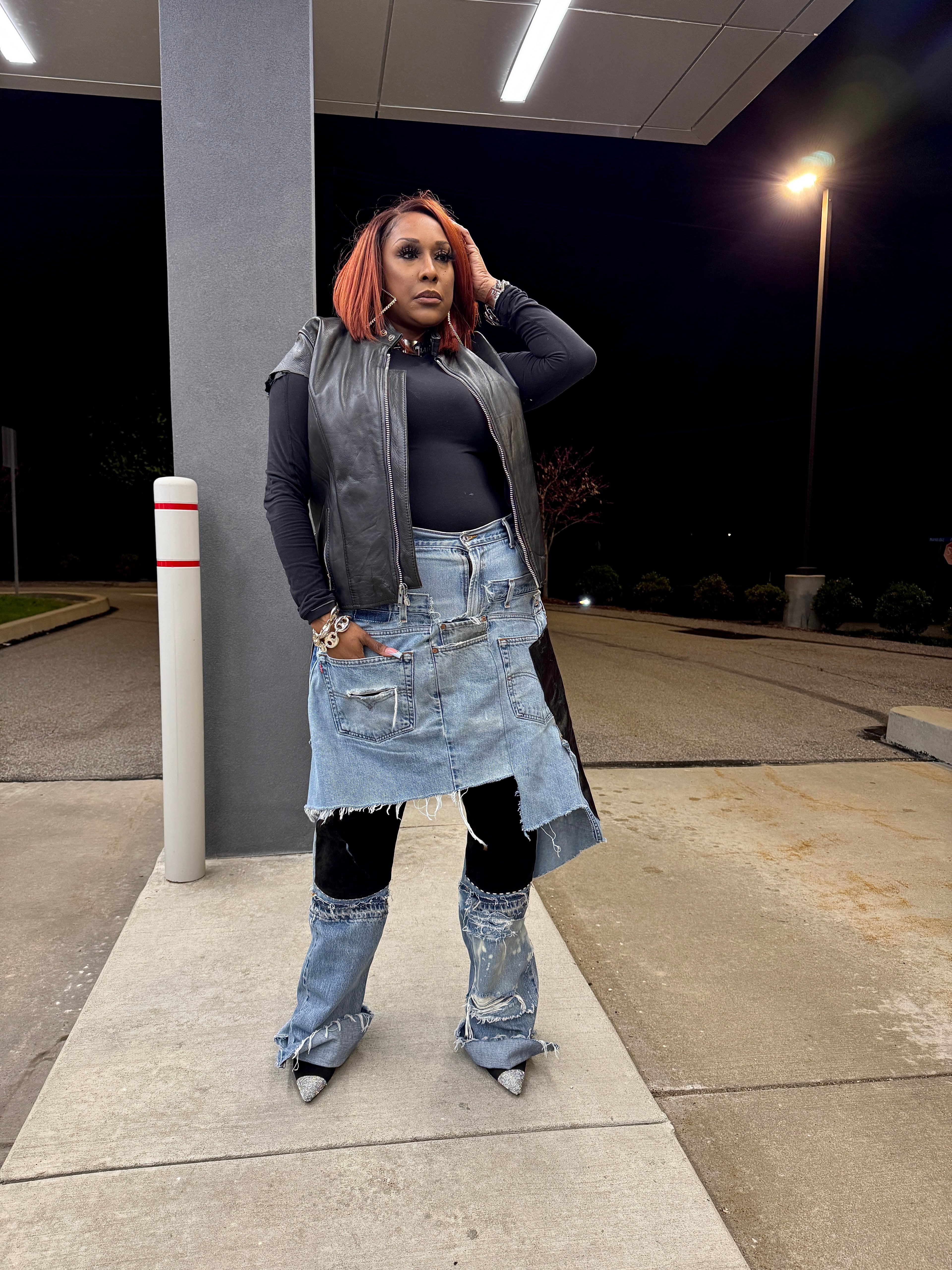 Double Denim Layover Patchwork Jeans