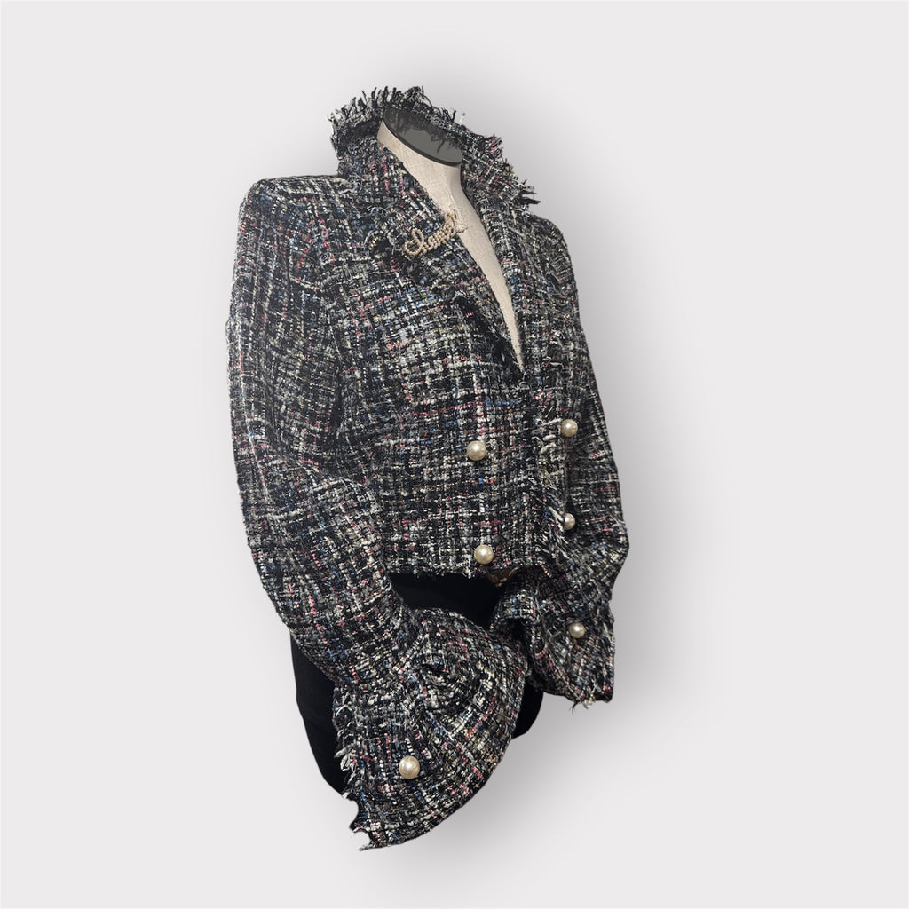Multi Color Cropped Tweed Balloon Sleeve Blazer