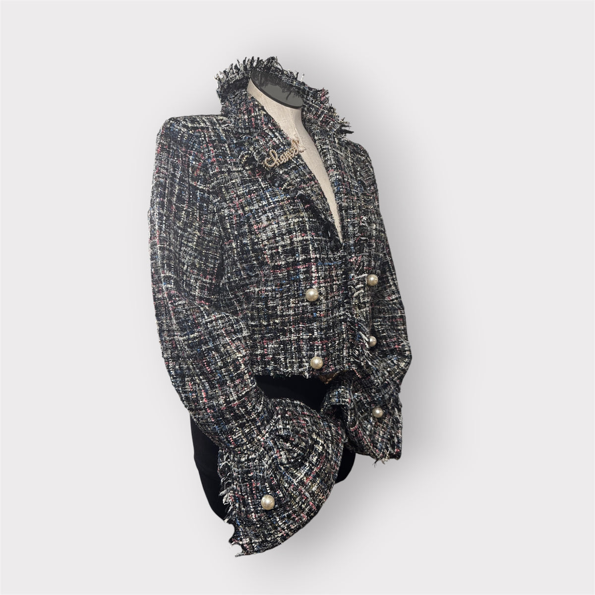 Multi Color Cropped Tweed Balloon Sleeve Blazer