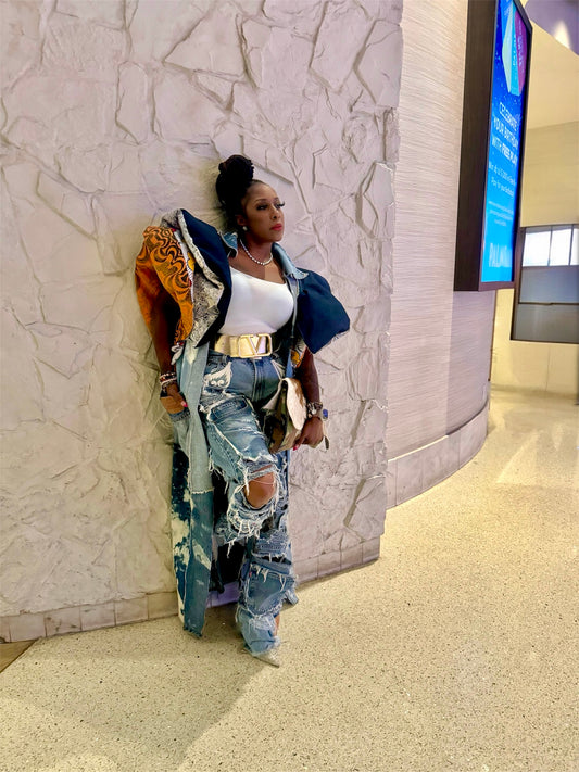 Custom Denim Patchwork Duster w Flounce Sleeves