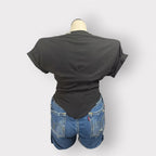 Padded Shoulder Corset Style Tee w Rhinestone Neckline