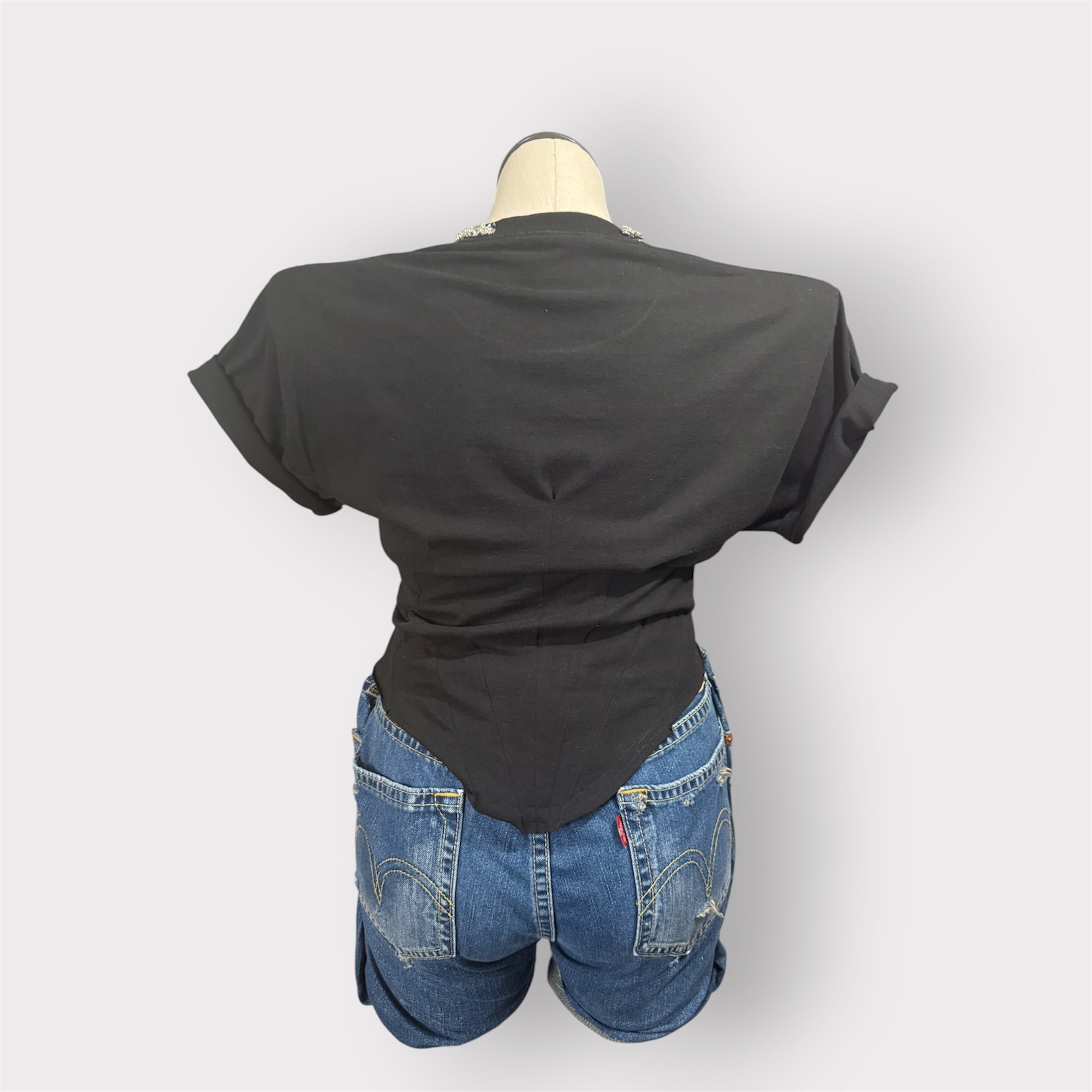 Padded Shoulder Corset Style Tee w Rhinestone Neckline