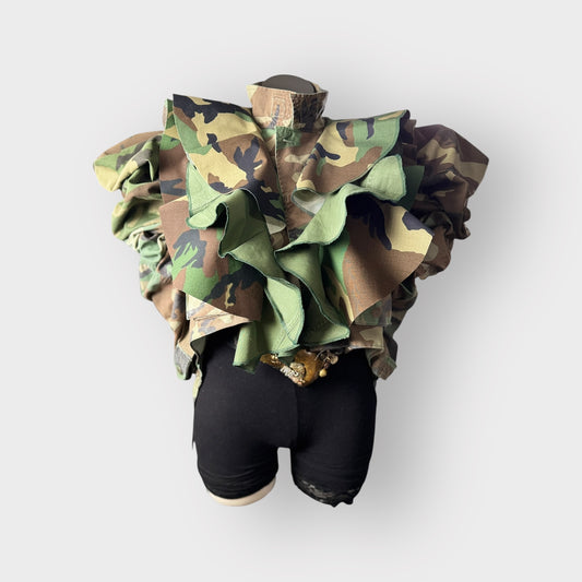 Ash Camo Couture Ruffle Tuxe Tail Jacket