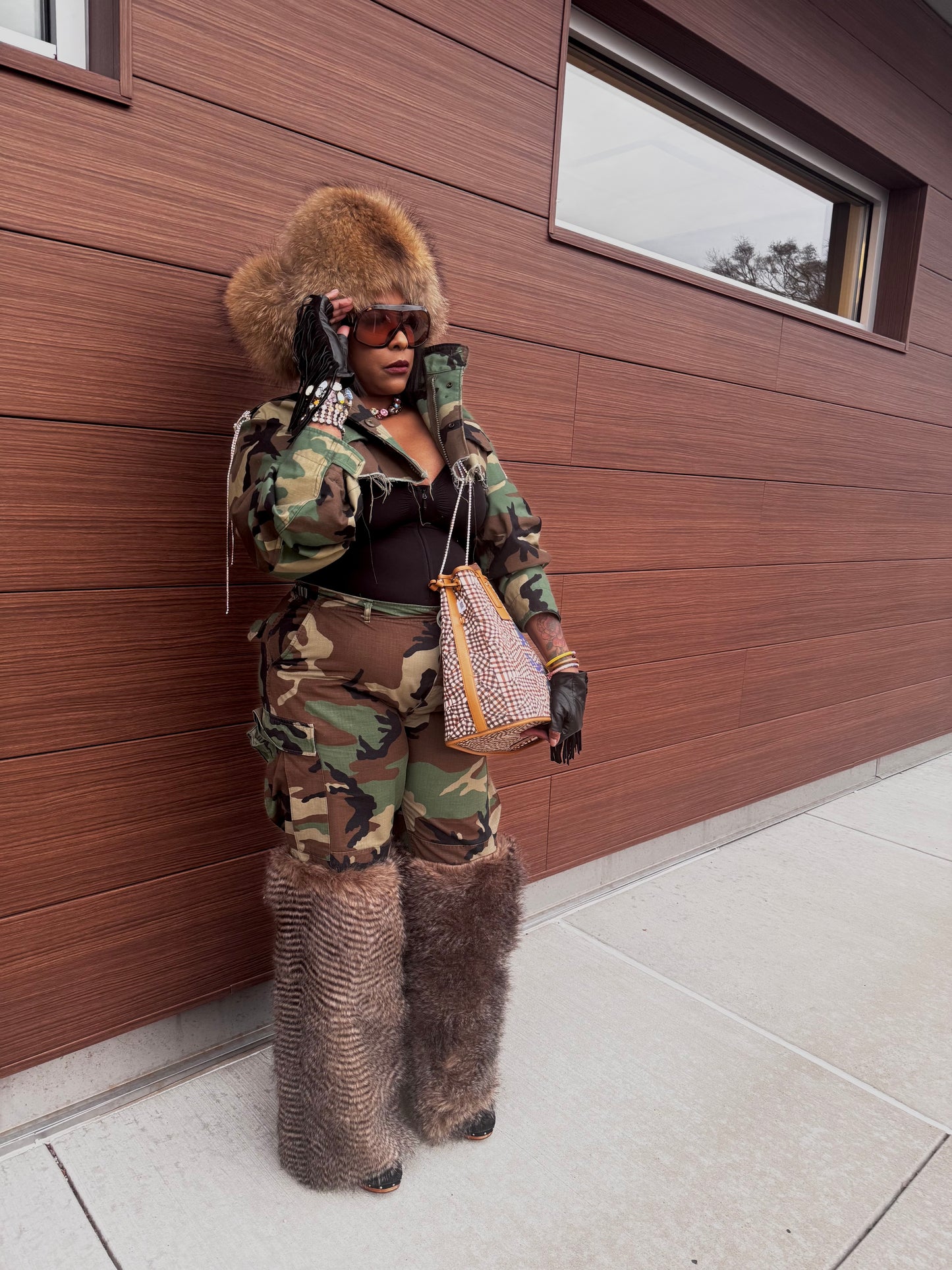 Custom Camo Faux Fur Wide Leg Cargos