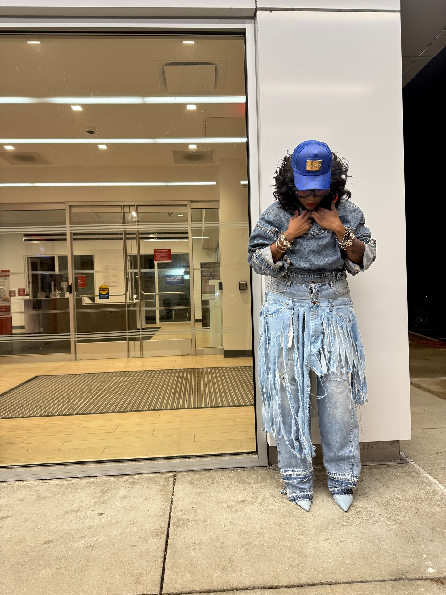 Double Denim Fringe Over Skirt Jeans