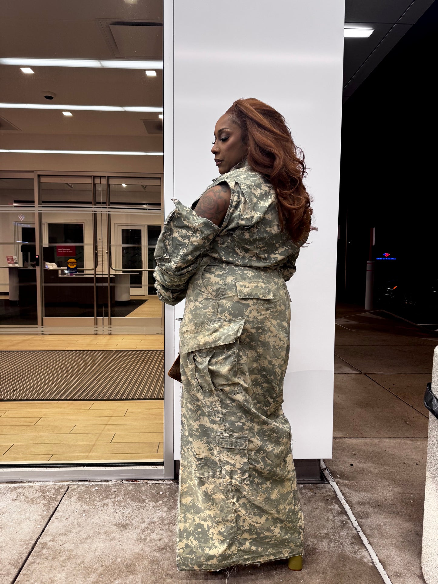 Digital Camo Cold Shoulder Bishop Sleeve Shacket