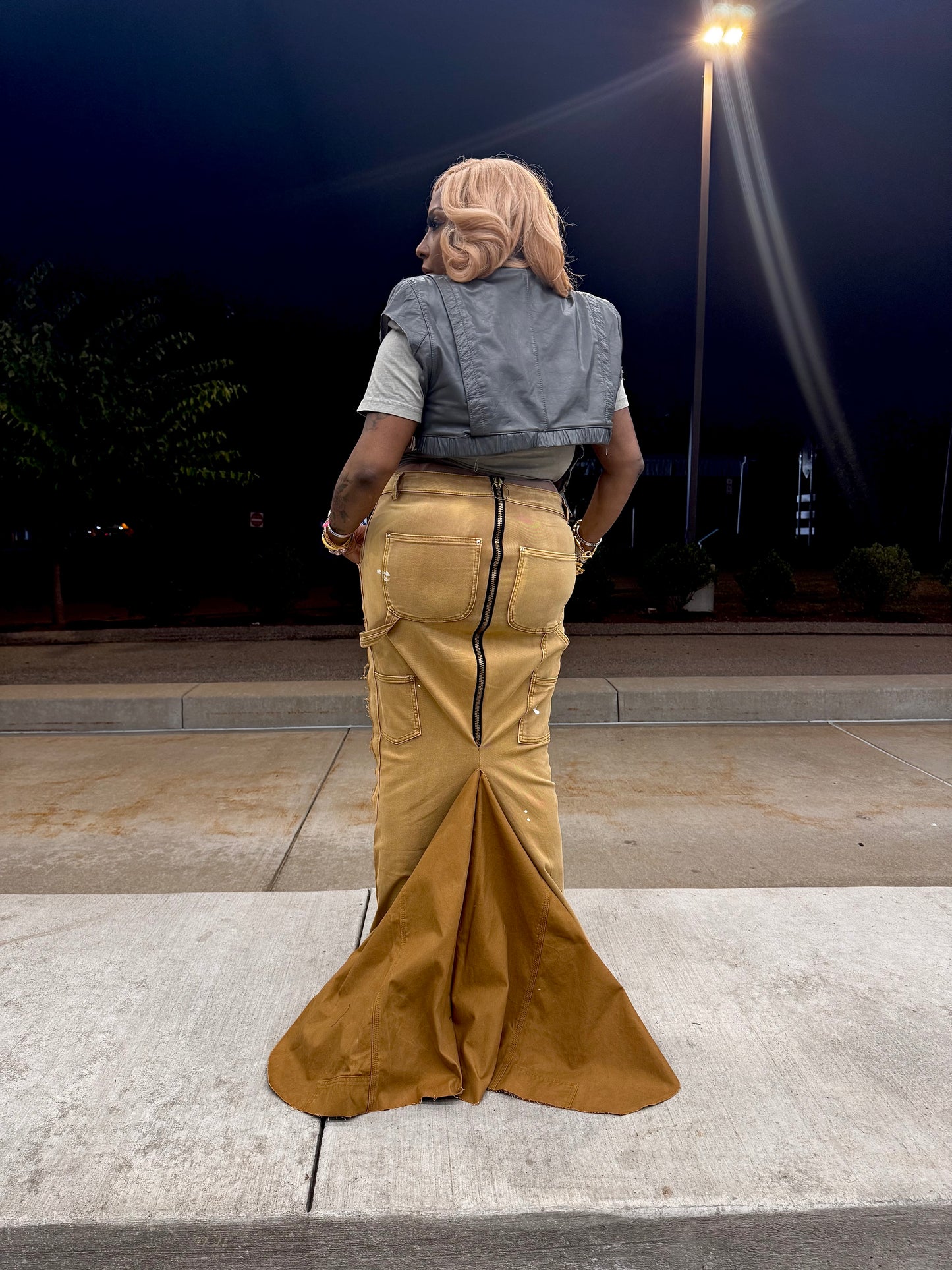 Distressed Butter Wheat Fishtail Skirt | Luxe Back Zip Couture