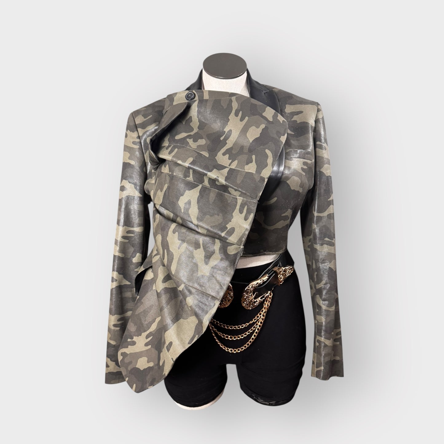 Asymmetrical Ruffle Style Cropped Camo Blazer