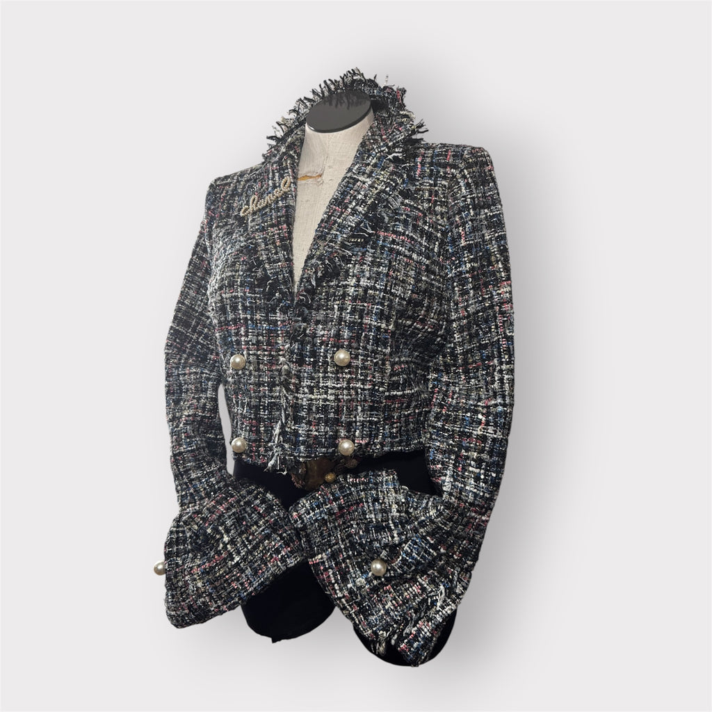 Multi Color Cropped Tweed Balloon Sleeve Blazer