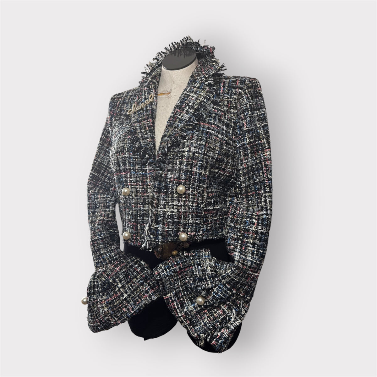 Multi Color Cropped Tweed Balloon Sleeve Blazer