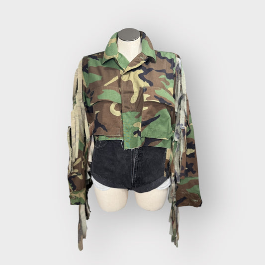 Cropped Fringe Camo Couture Jacket