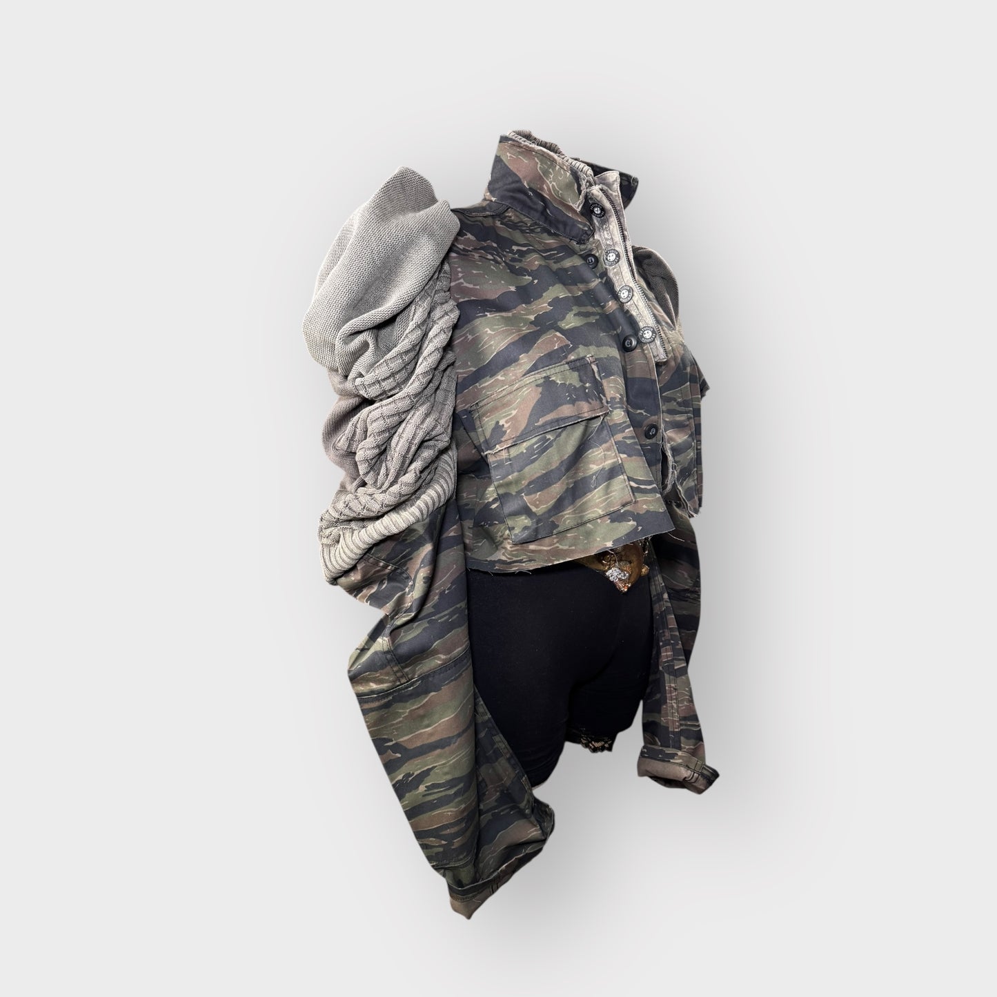 Tiger Stripped Cropped Camo Sweater Sleeve Shacket