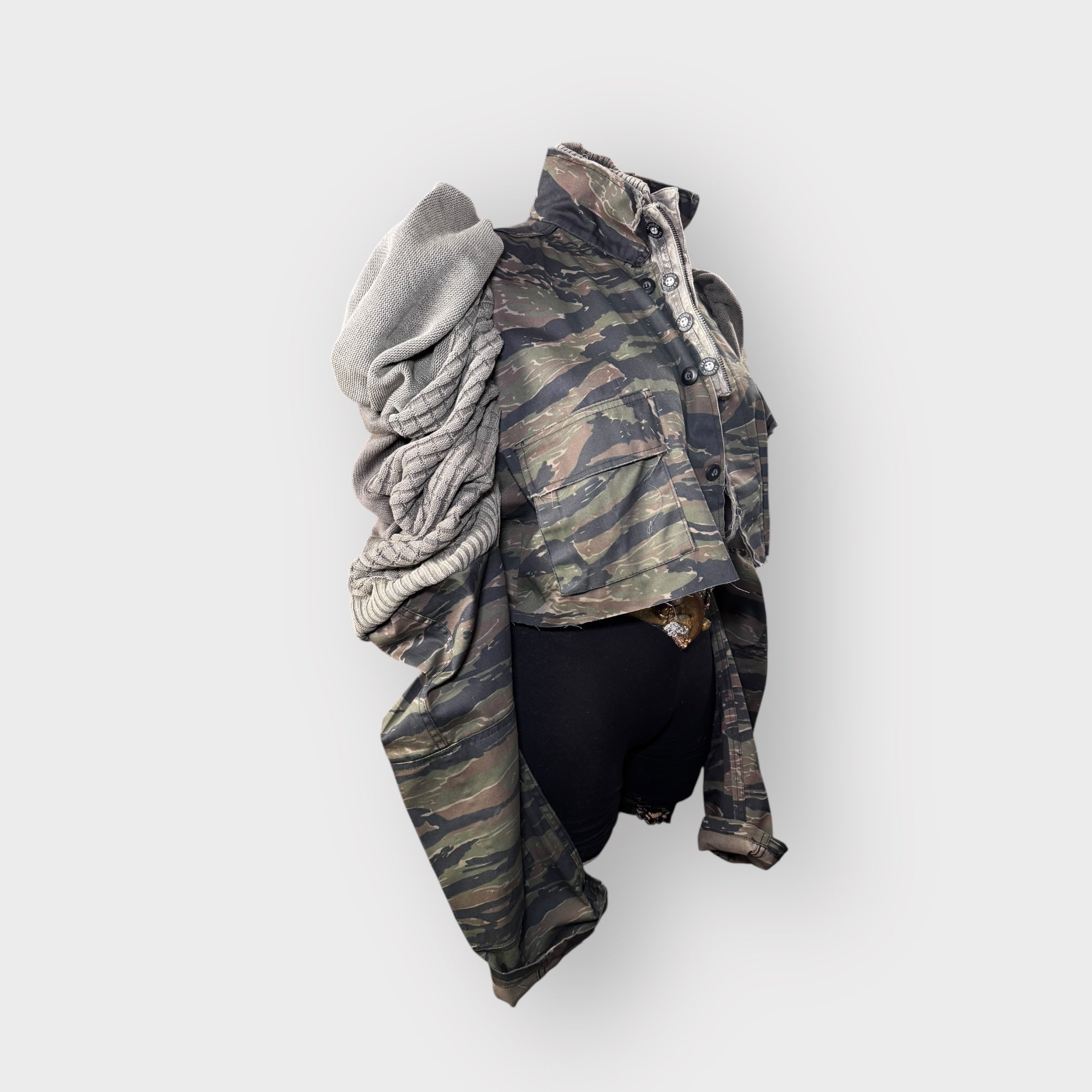 Tiger Stripped Cropped Camo Sweater Sleeve Shacket