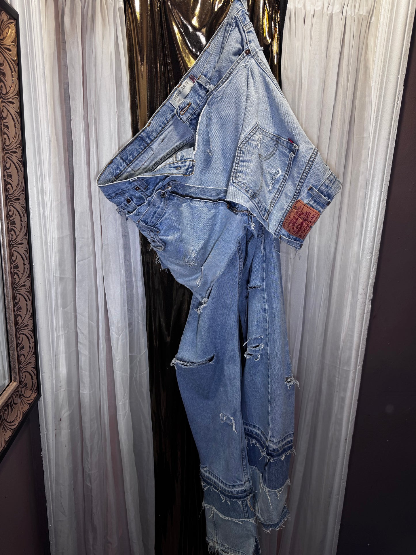 Distressed Denim Apron Style Overlay Jeans