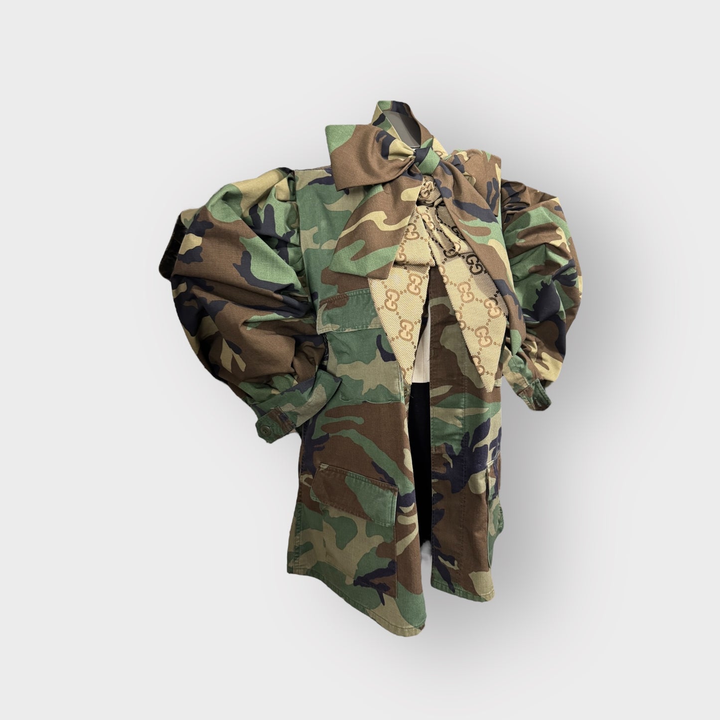 (Made to order) Camo Double Power Bow Puff Sleeve Shacket