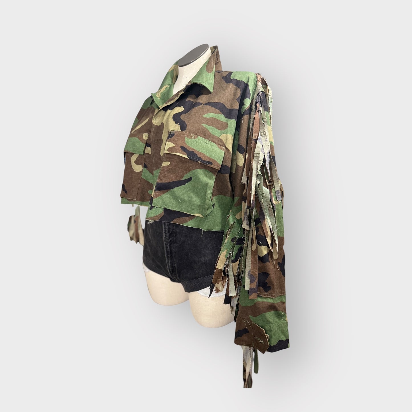Cropped Fringe Camo Couture Jacket