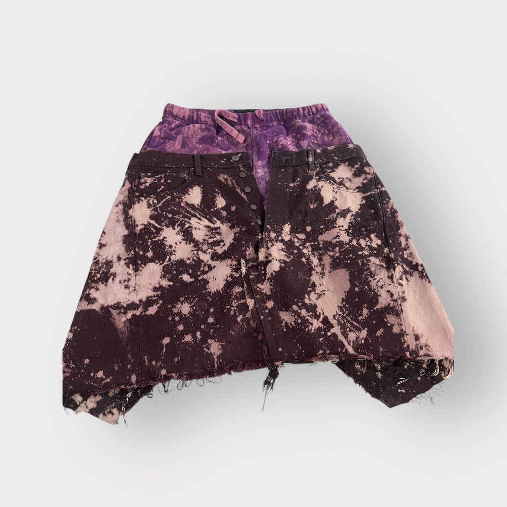 Distressed Denim Purple Overlay Drop Crotch Bermuda Style Joggers