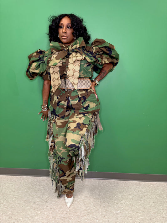 Camo Double Power Bow Puff Sleeve Shacket