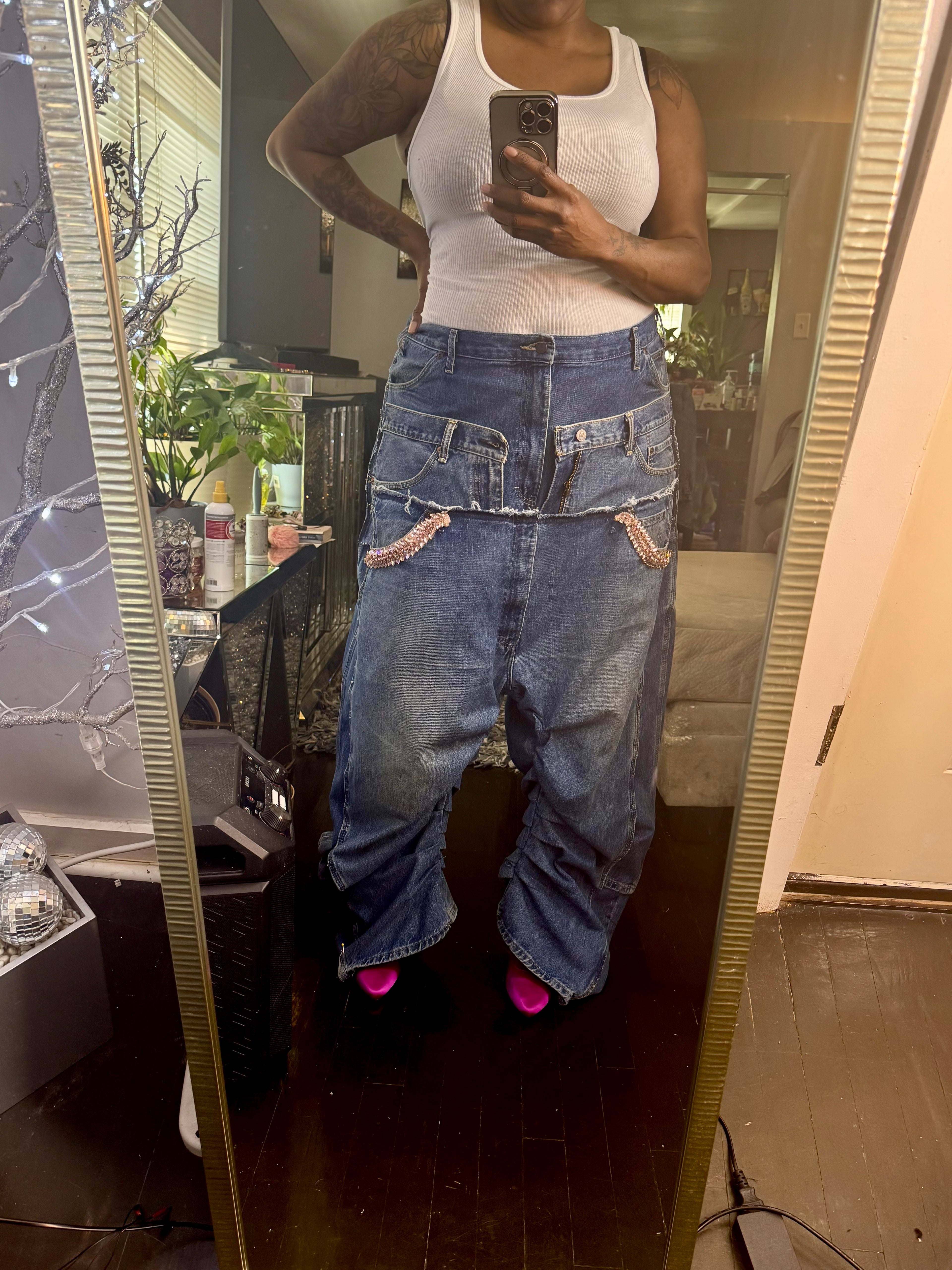 Triple Denim Baggy Cowgirl Couture Drop Crotch Denim Wide Leg Jeans