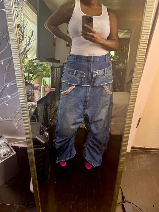 Triple Denim Baggy Cowgirl Couture Drop Crotch Denim Wide Leg Jeans