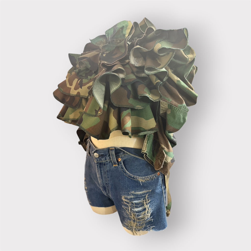 Western Style Ruffle Tuxe Tail Puff Sleeve Camo