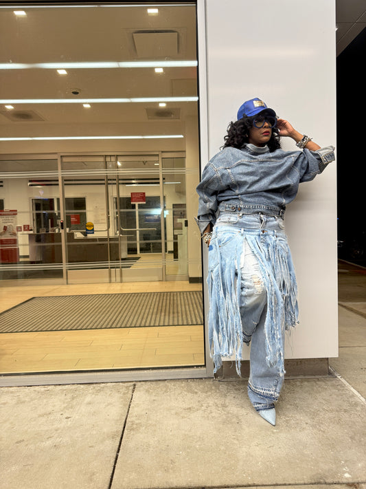 Double Denim Fringe Over Skirt Jeans
