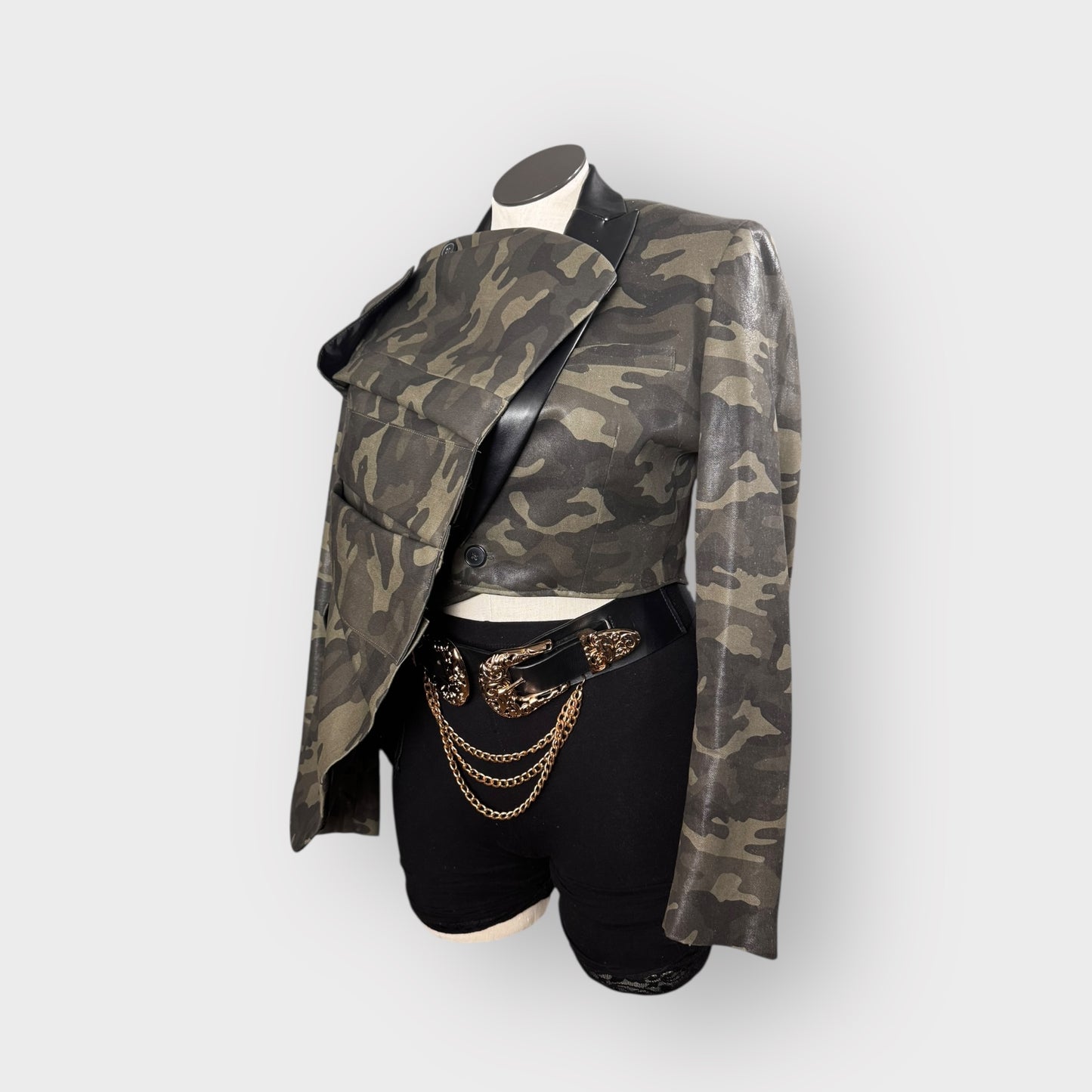 Asymmetrical Ruffle Style Cropped Camo Blazer