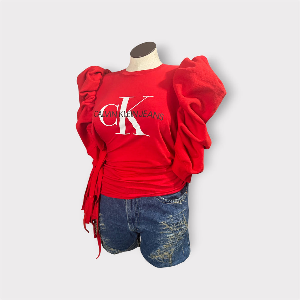Crimson Puffy Sleeve Fringe Tee