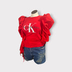 Crimson Puffy Sleeve Fringe Tee