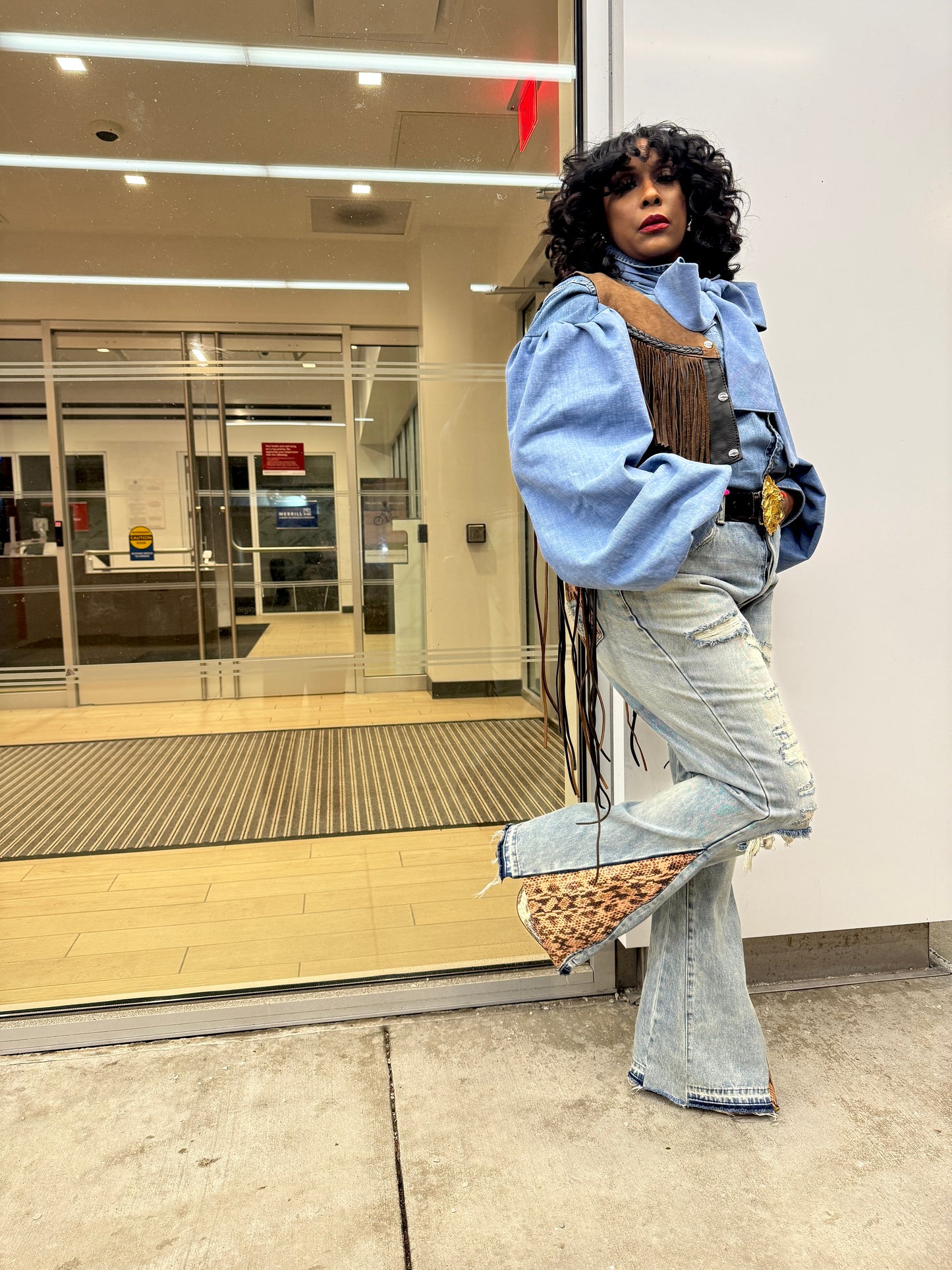 Custom Denim P Bow Western Style Top