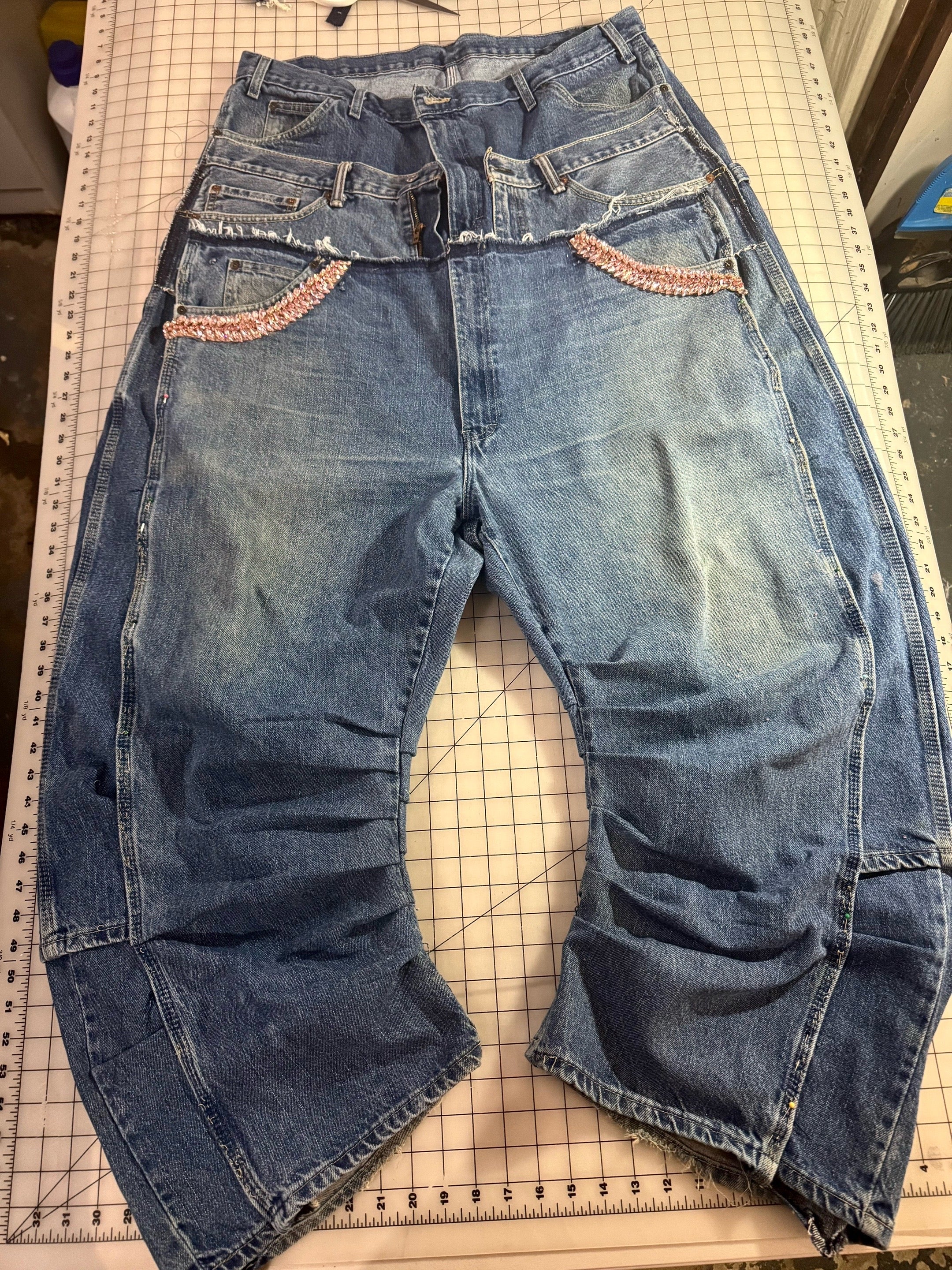 Triple Denim Baggy Cowgirl Couture Drop Crotch Denim Wide Leg Jeans