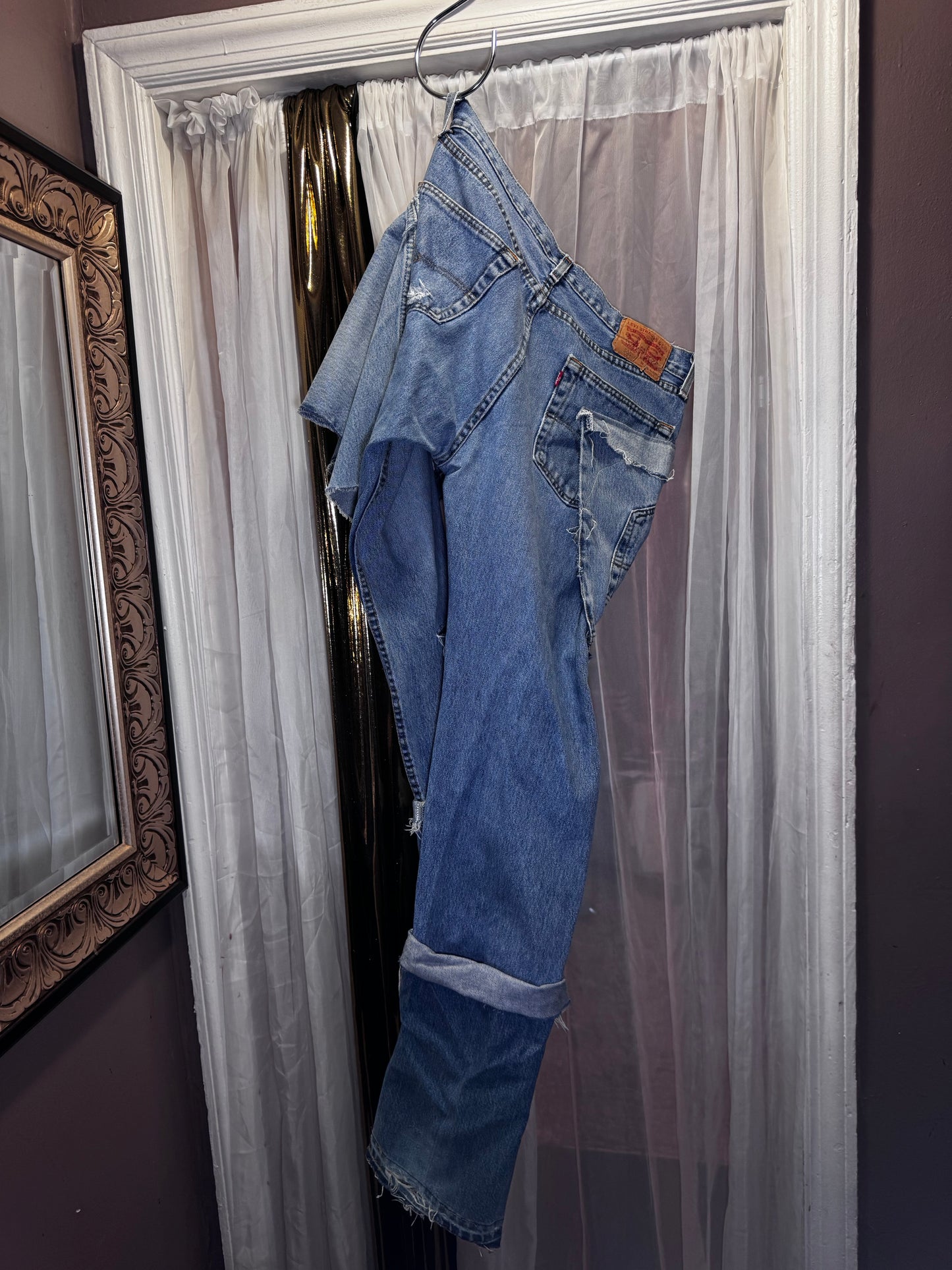 Distressed Denim Apron Style Overlay Jeans