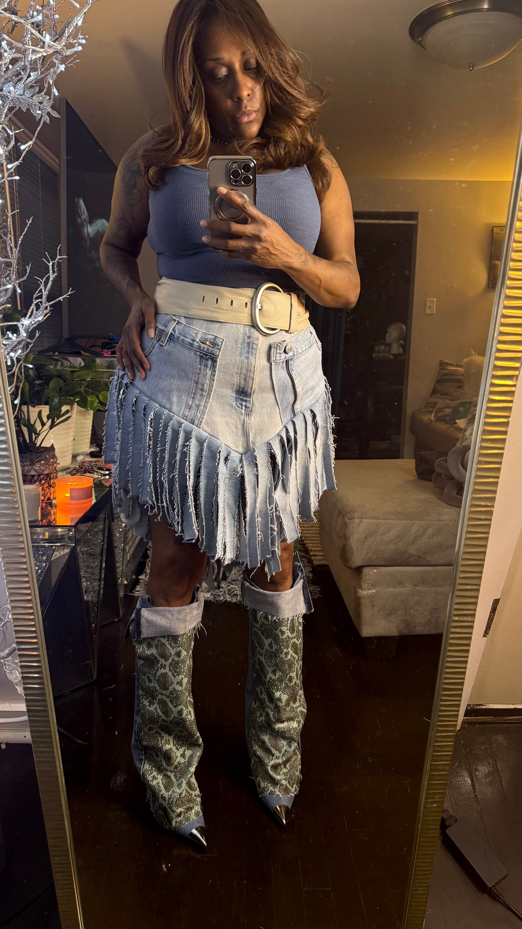 Double Denim Cowgirl Fringe Skirt