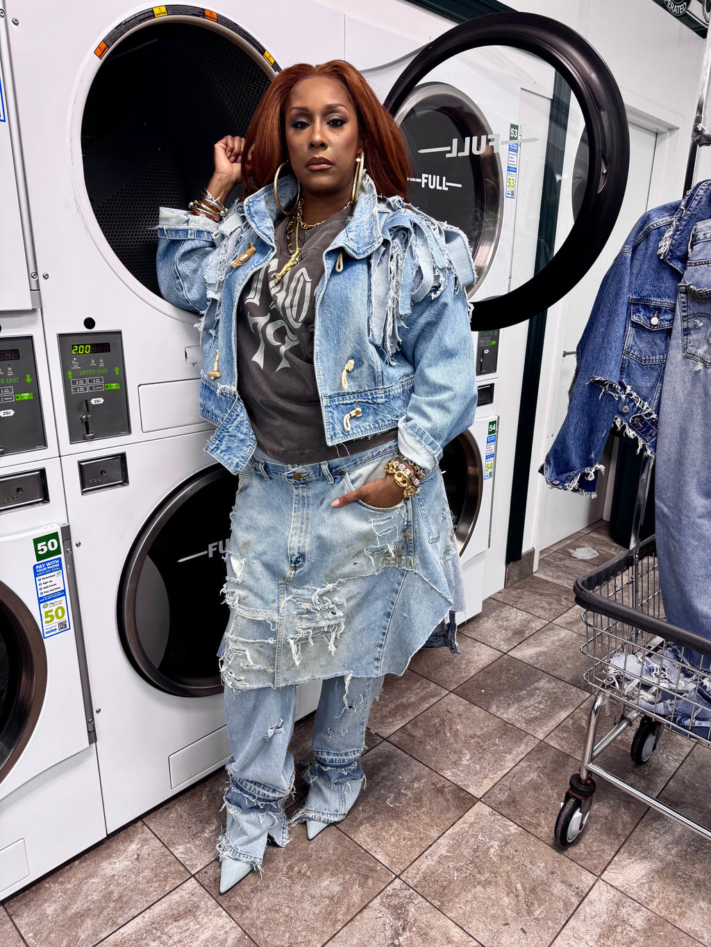 Distressed Denim Over Skirt Jeans