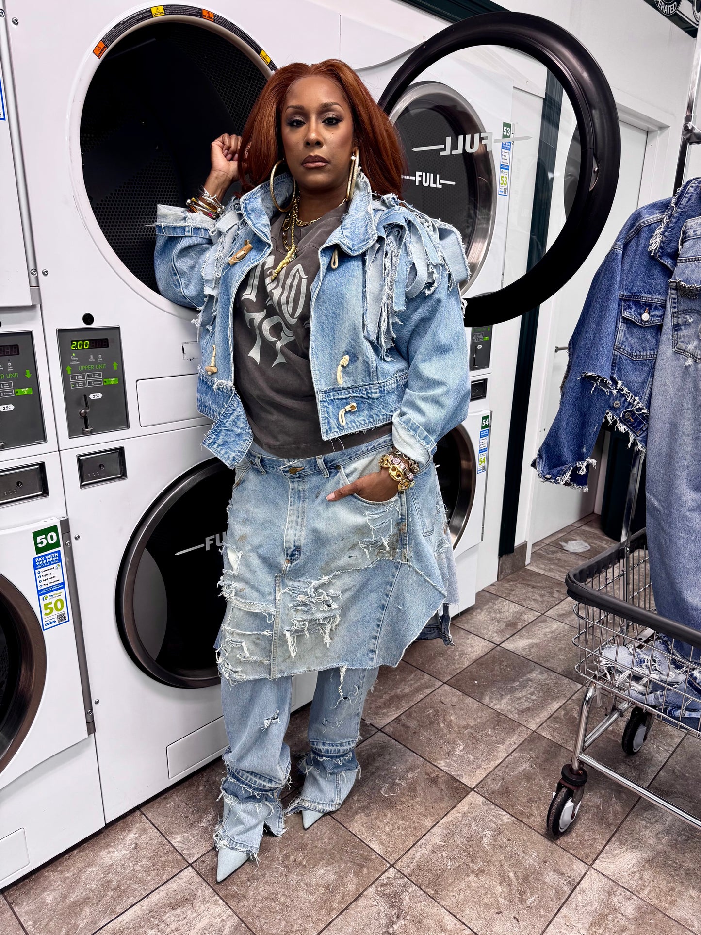 Distressed Denim Over Skirt Jeans