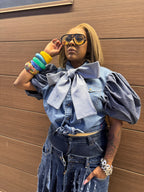 Two Toned Denim Power Bow Puff Sleeve Top