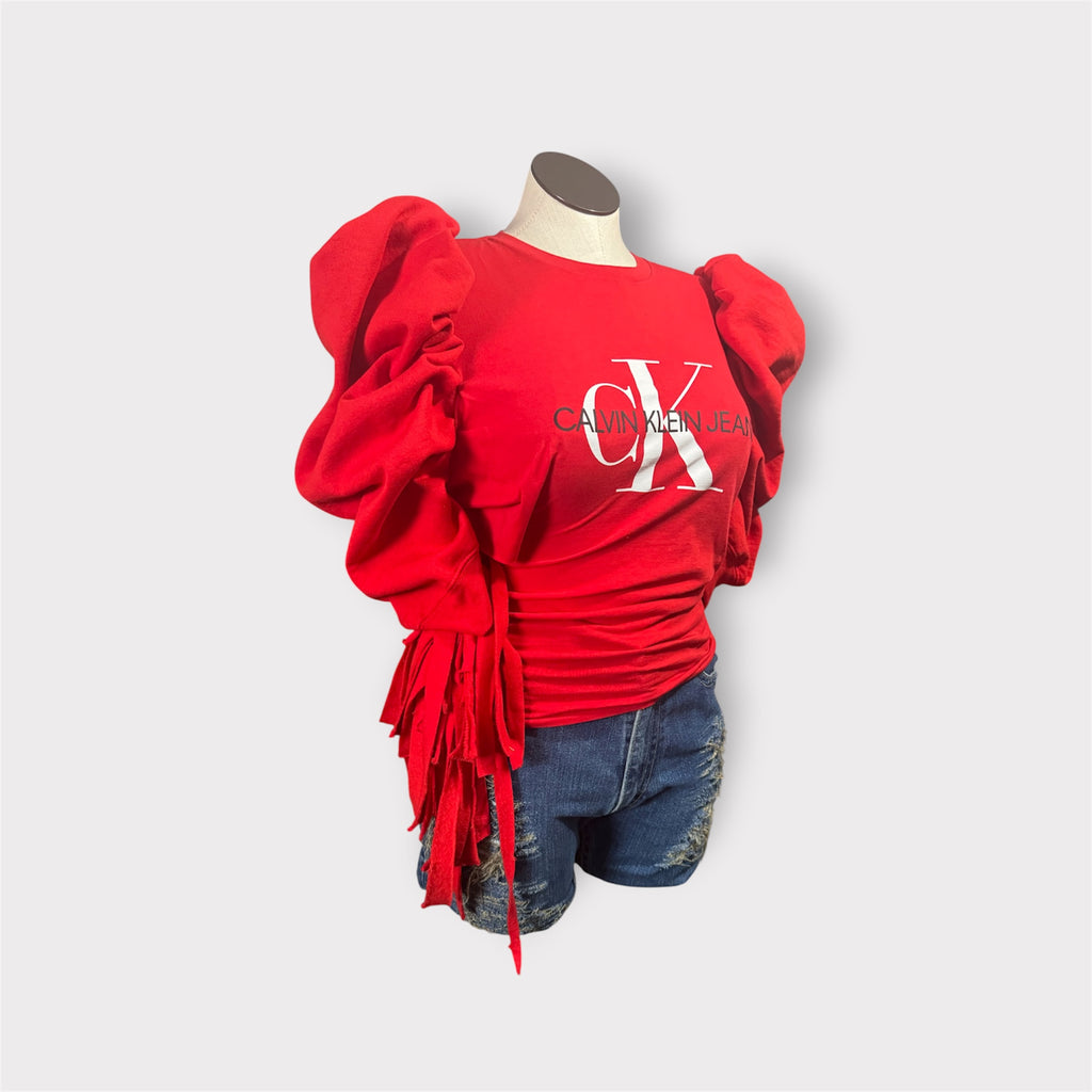 Crimson Puffy Sleeve Fringe Tee